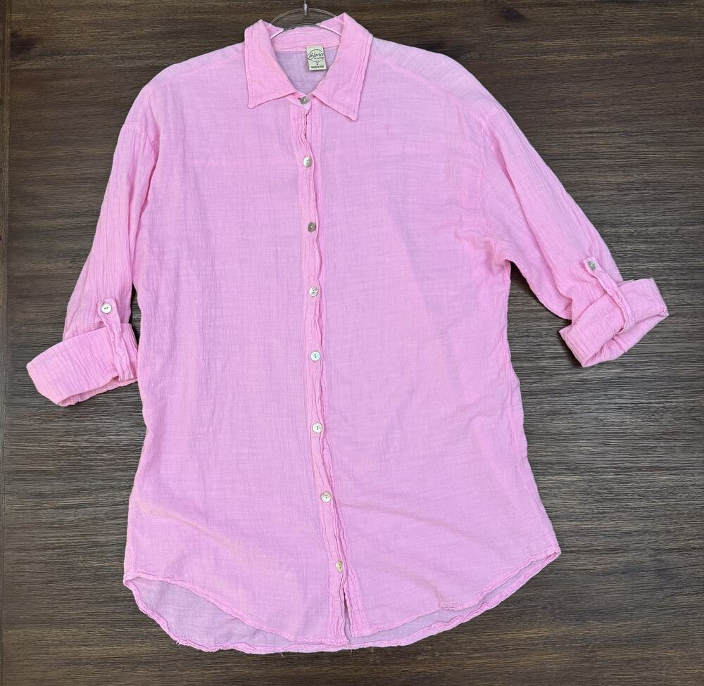 Blanco By Nature Shirt Womens Small Feather Pink Cotton Roll Tab Button Front